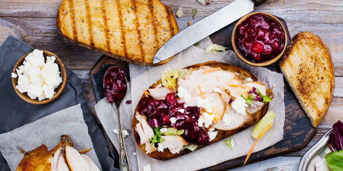 Homemade turkey leftover sandwich with cranberry sauce